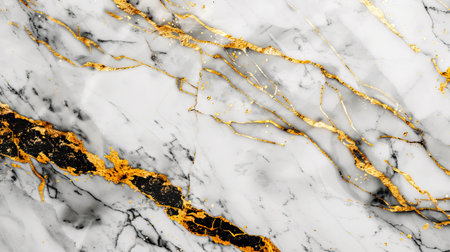 A stunning close-up of elegant white marble featuring striking gold veins, perfect for luxury designs, backgrounds, or decorative accents in architecture.の素材