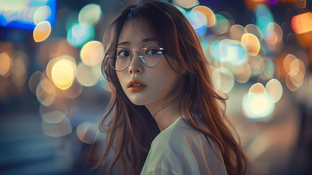 A captivating portrait of a young woman with glasses, set against a backdrop of colorful city lights. Her serene expression contrasts beautifully with the vibrant bokeh, creating an urban atmosphere.の素材