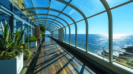 Sunny glass corridor overlooking the ocean, with plants and wooden floor creating a peaceful seaside view.の素材