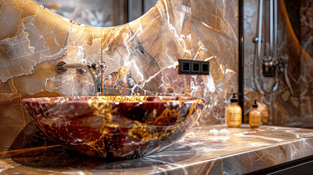 Discover a luxurious bathroom scene featuring an elegant marble sink, perfect for modern interiors. This stylish design highlights beauty and sophistication.の素材