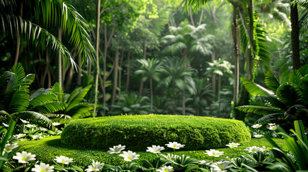 Explore a serene forest landscape featuring vibrant greenery, lush plants, and blooming flowers, creating a tranquil atmosphere in natureâs embrace.の素材