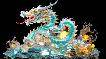 Stunning dragon sculpture showcases intricate design and vibrant colors. The mythical creature emerges from waves, creating an enchanting atmosphere.の素材
