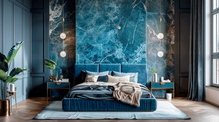 Discover a stylish blue modern bedroom featuring elegant furniture, cozy textiles, and soothing decor that invites relaxation and tranquility.の素材