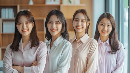 A group of four women in professional attire smiling confidently. They represent diversity and teamwork in a modern office environment, radiating positivity and friendship.の素材