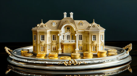 A stunning model of a golden mansion sits elegantly on a silver tray surrounded by coins, symbolizing luxury and wealth in a creative and artistic display.の素材