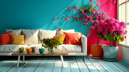 A cozy living room featuring a modern couch with colorful cushions, vibrant flower arrangements, and a bright, artistic wall design for a cheerful atmosphere.の素材