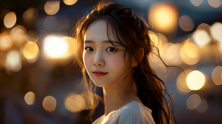 Captivating portrait of a young woman against a backdrop of soft lamps, creating a dreamy atmosphere. Her serene expression conveys warmth and beauty.の素材
