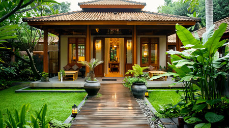 Experience a serene tropical retreat featuring a cozy pathway, lush greenery, and inviting architecture, perfect for relaxation and rejuvenation in nature.の素材