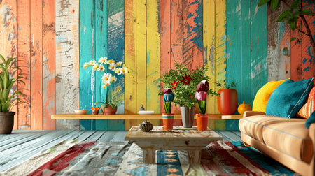 A bright and inviting living room featuring a colorful wooden wall, stylish furniture, and vibrant plants. Perfect for modern home decor inspiration.の素材
