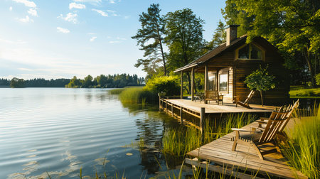 Serene lakeside cabin in the woods with wooden deck, surrounded by trees, reflecting on calm water under a clear sky, perfect for retreat.の素材