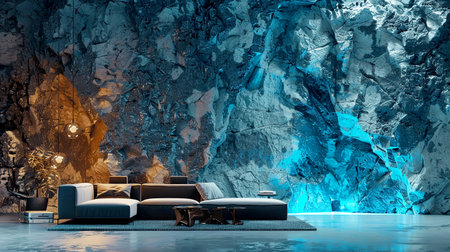 A spacious modern living room featuring a striking blue rock wall, contemporary furniture, and artistic lighting, creating a tranquil and inviting atmosphere.の素材