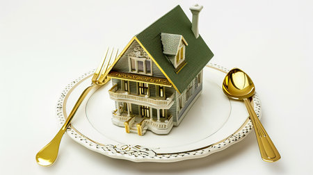 A whimsical miniature house sits elegantly on a decorative plate, accompanied by golden cutlery. This artistic representation merges home and dining concepts, showcasing creativity and charm.の素材