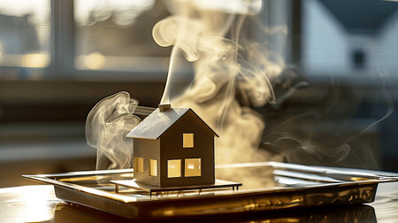 A delicate miniature house model sits on a metal tray, surrounded by rising smoke in warm sunlight. This artistic scene captures tranquility and creativity, evoking comfort and domestic bliss.の素材