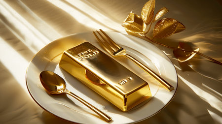 A luxurious gold bar elegantly presented on a fine plate, accompanied by stunning silverware, evoking feelings of wealth and opulence in a beautifully lit setting.の素材