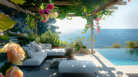 Serene outdoor lounge with beautiful floral decor and stunning ocean view, perfect for relaxation and leisure.の素材
