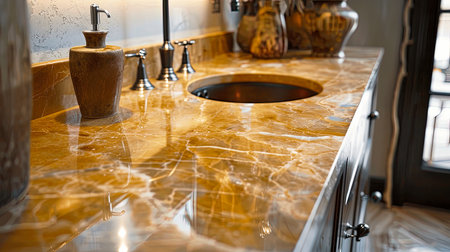 Discover an elegant golden marble countertop with a stylish sink and fixtures, perfect for modern homes. Enhance your interior design with luxurious charm.の素材