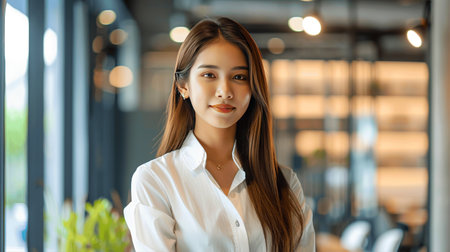 A confident young woman stands in a modern office space, exuding professionalism and warmth. Ideal for illustrating business success and teamwork.の素材