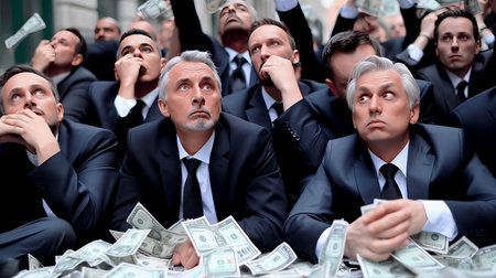 A group of businessmen in suits looks up with expressions of hope and aspiration, surrounded by scattered money, illustrating themes of wealth, ambition, and urban finance.の素材