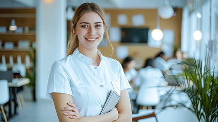 A cheerful nurse stands confidently in a modern healthcare environment, exuding professionalism and warmth. The bright atmosphere enhances patient care.の素材