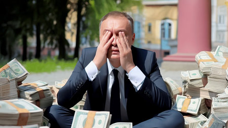 A businessman in a suit sits in despair surrounded by piles of cash. His hands cover his face, reflecting deep stress and frustration in a cityscape backdrop.の素材