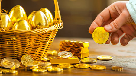 Rustic scene featuring a basket filled with golden eggs and cryptocurrency coins, symbolizing wealth and prosperity in a modern investment context.の素材