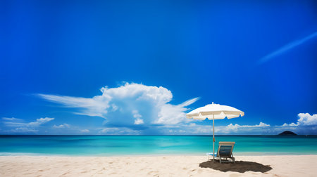 sunbed with white umbrella front turquoise and clear wide sea with sand on beach under blue sky white cloud on summer vacation holidayの素材