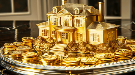 A stunning golden mansion model elegantly displayed on a silver tray, surrounded by shiny coins. This representation of wealth exudes opulence and luxury.の素材