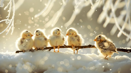 Five fluffy chicks sit on a branch in a snowy landscape, surrounded by soft snowflakes. The sunlight casts a warm glow, capturing the serene beauty of winter.の素材