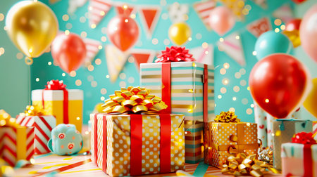 A vibrant scene of celebration featuring colorful gifts, balloons, and festive decorations, perfect for conveying joy and special occasions.の素材