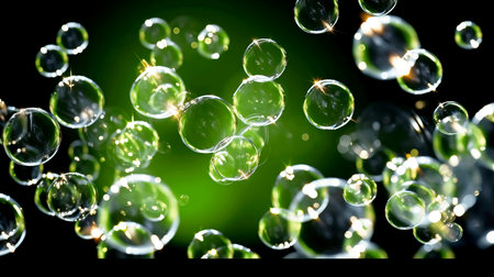 Iridescent bubbles float gracefully against a vibrant green background, creating a whimsical and serene atmosphere. This enchanting image captures the beauty of light reflecting through water spheres.の素材