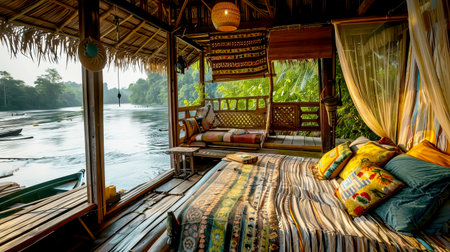 A cozy riverside retreat featuring warm textiles and tranquil views. Perfect for relaxation, this space blends comfort with natureâs beauty, creating an idyllic getaway.の素材