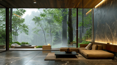 A modern living room showcases elegant design with large windows, offering a breathtaking view of misty trees and greenery, creating a serene atmosphere.の素材