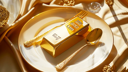 An opulent gold bar placed elegantly on a fine dining table with gleaming cutlery. This image captures the essence of luxury, sophistication, and wealth.の素材
