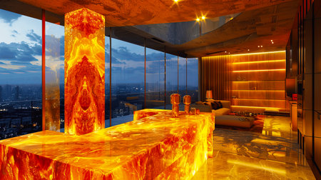Experience a luxurious modern interior featuring a striking orange lighting design and stunning glass walls, offering breathtaking city views at sunset.の素材