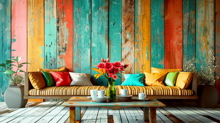 A vibrant living room scene showcasing a colorful wood wall, cozy sofa with decorative cushions, and a fresh flower arrangement on the table, creating an inviting atmosphere.の素材