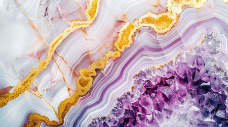 Stunning close-up of an amethyst geode with purple crystals and gold accents showcasing natural beauty and intricate details of the gemstone.の素材