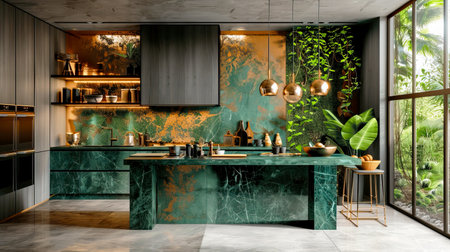 A stunning modern kitchen featuring striking green marble surfaces, elegant copper accents, and abundant natural light, creating a refreshing and stylish space.の素材