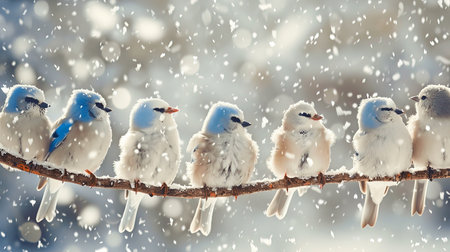 A group of colorful birds perches on a branch, dusted with snow, creating a serene winter scene filled with magic and tranquility. The snowfall adds beauty to nature.の素材