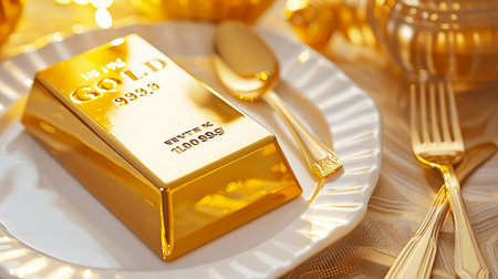 A stunning gold bar placed delicately on an elegant plate surrounded by silver cutlery and decor, symbolizing luxury and wealth. Perfect for themes of prosperity.の素材