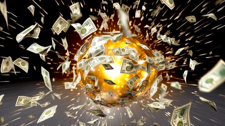 This dynamic image features an explosive burst of cash and dollar bills, capturing the essence of prosperity and financial excitement in a vibrant and energetic scene.の素材