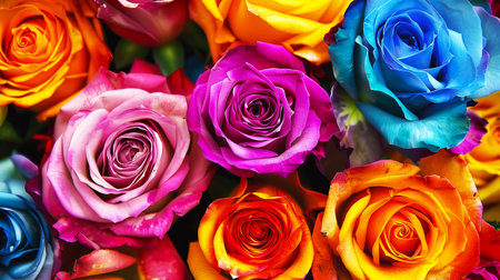 Vibrant multicolored roses in full bloom, showcasing a beautiful array of colors and perfect for any floral or nature-themed project.の素材
