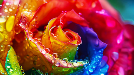 Close-up of a vibrant, multicolored rose with water droplets showcasing natural beauty and rainbow hues, perfect for design and decorative projects.の素材