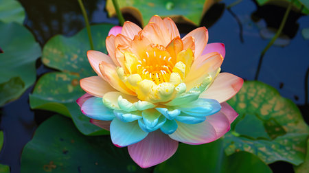 Beautiful multicolored lotus flower in full bloom over a calm pond with green leaves. Vibrant petals showcase nature's stunning color array.の素材