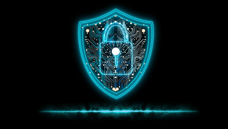 Shield hologram security lock protection verify and identify technology on blue Fire effect line on the black isolatedの写真素材