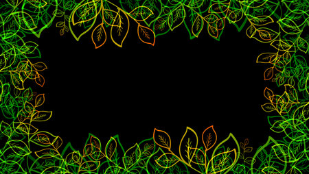 Elliptic glow green yellow red top leaves border and lot moving on the black isolatedの写真素材