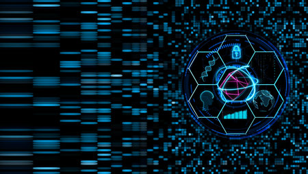 cube with atom and  holographic futuristic technology with brain line matrix global secity dna with digital stretch and spot backgroundの写真素材