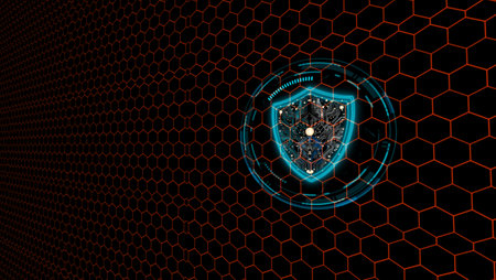 Hexagon digital ring security blue light wire red and futuristic shield protection on the black backgroundの写真素材