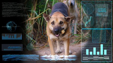 futuristic AI screen of a stray dog vaccine. Animation showing processing Dog receiveの写真素材