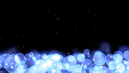 Circle bubles glow blue random size white stars on the black isolatedの写真素材