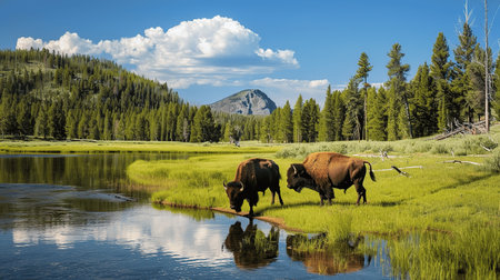 A pair of bison grazes peacefully by a tranquil lake, surrounded by lush greenery and towering trees under a bright blue sky. Ideal for nature lovers.の素材